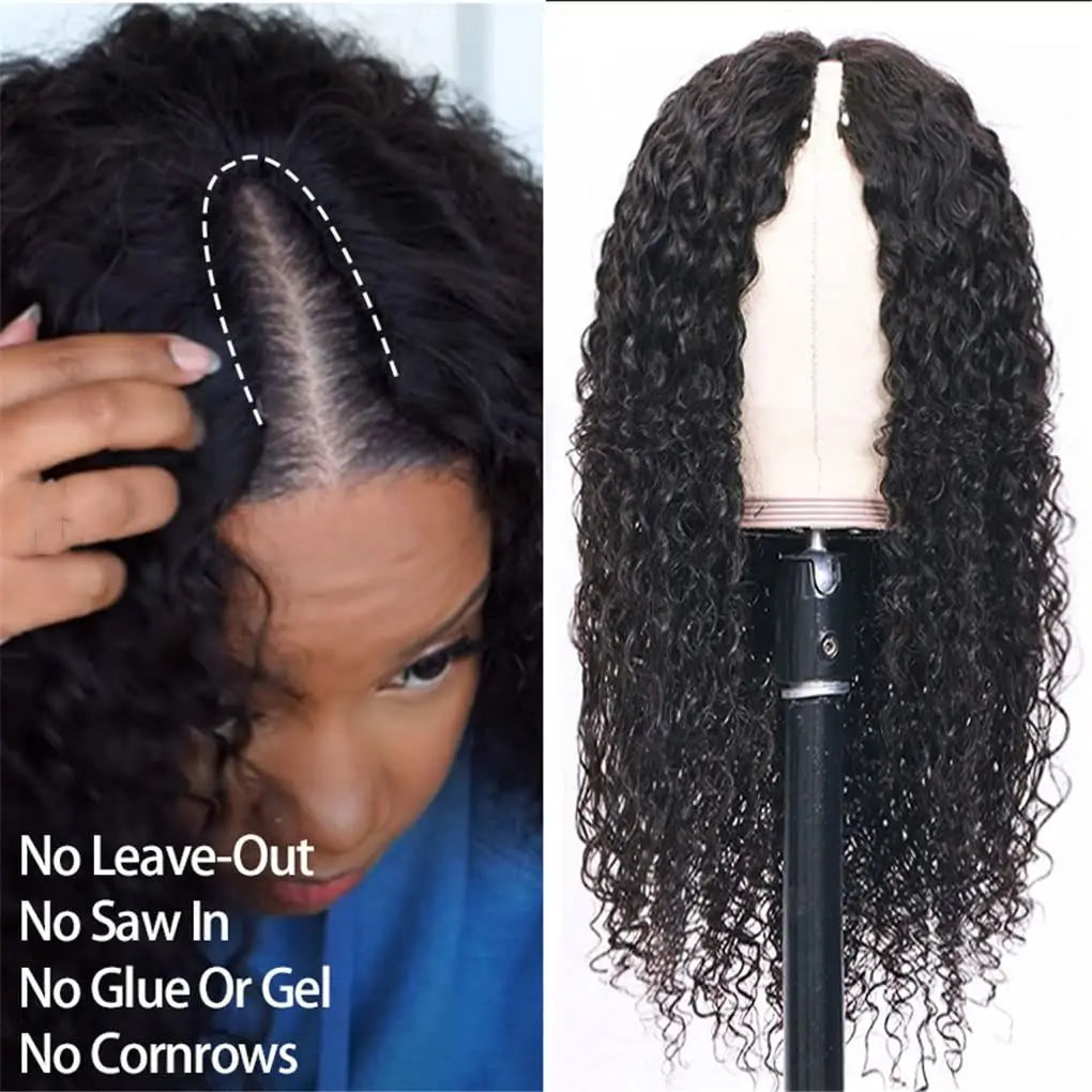 Deep Curly V Part Wig Human Hair No Leave Out Brazilian Deep Wave Human Hair Wigs