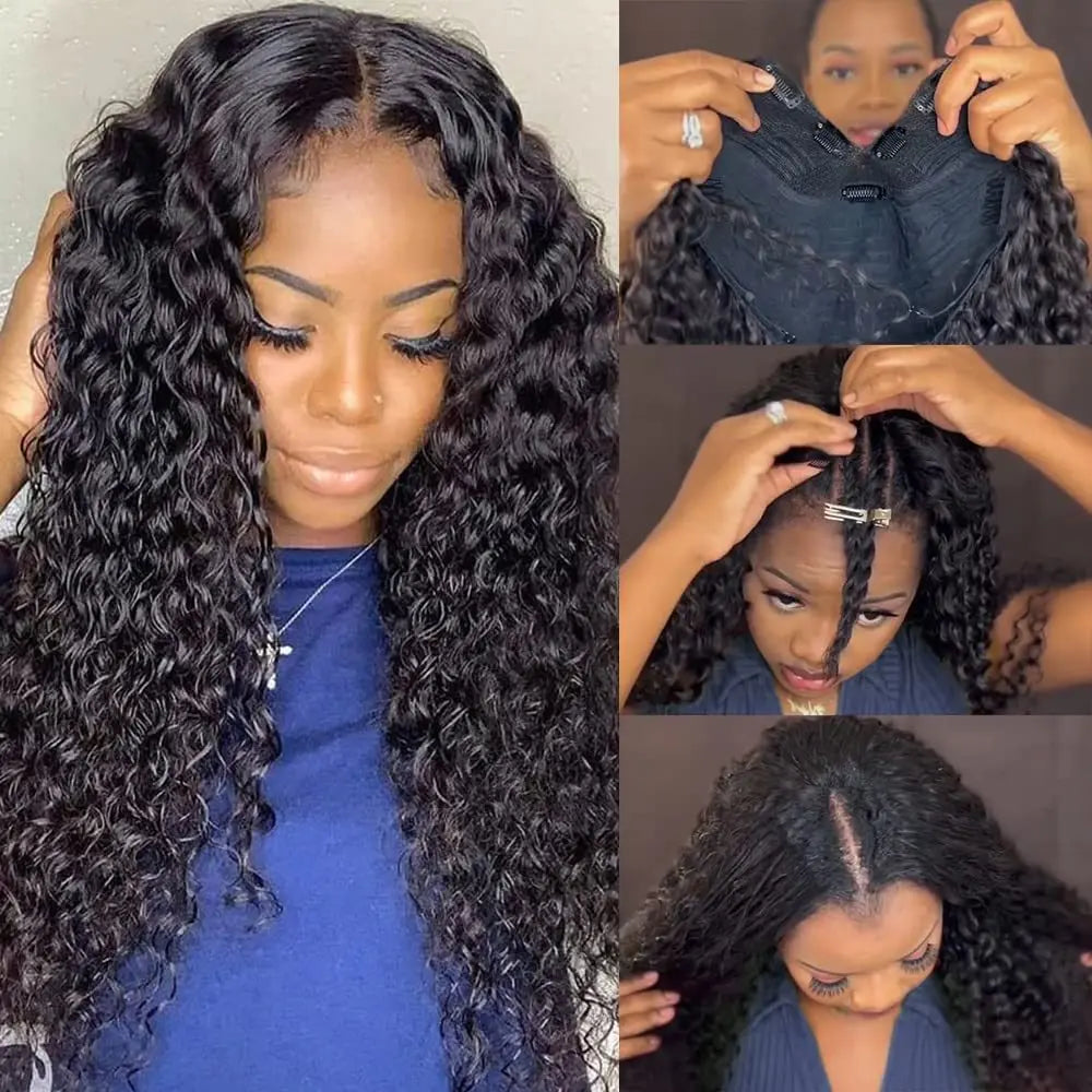 Deep Curly V Part Wig Human Hair No Leave Out Brazilian Deep Wave Human Hair Wigs