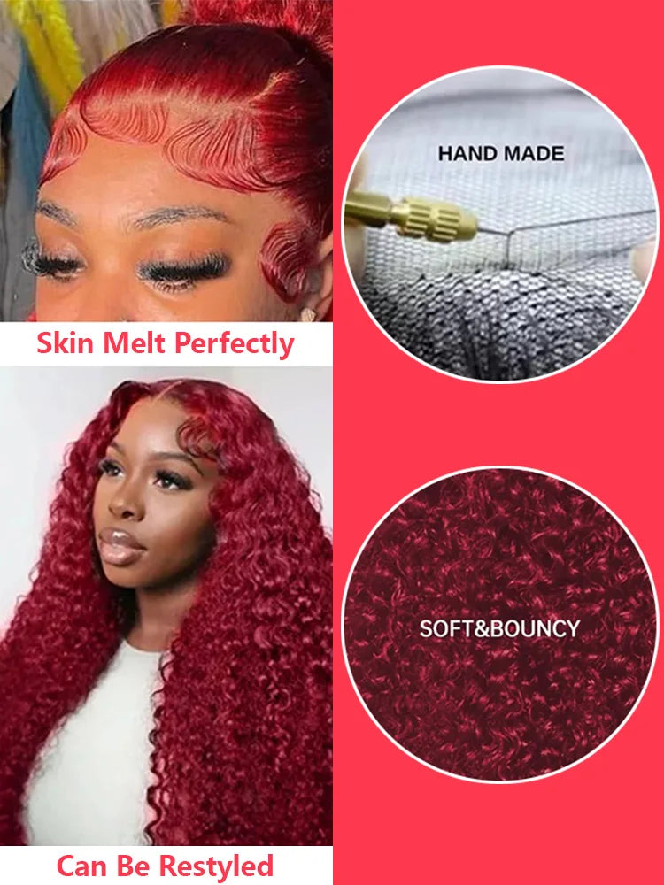 Burgundy Colored Lace Front Wig 30 40 Inch Deep Wave 13x6 HD Lace Frontal Human Hair Wigs For Women