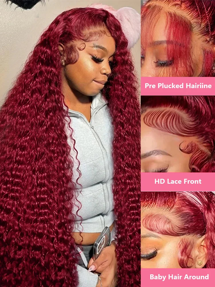 Lace Frontal Wig High Density Red Colored Deep Wave 13x6 HD Lace Front Human Hair Wigs