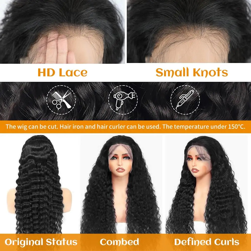 Deep Wave 36 38  Inch 13x4  HD Lace Frontal Human Hair Wig Brazilian Curly Wigs For Women