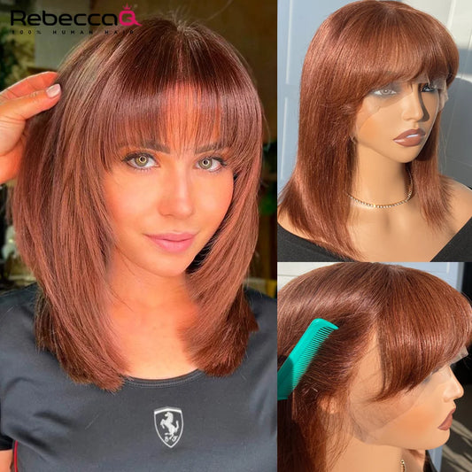 Short Straight Bob Lace Front Wig With Bangs Cute Human Hair Bob Wigs