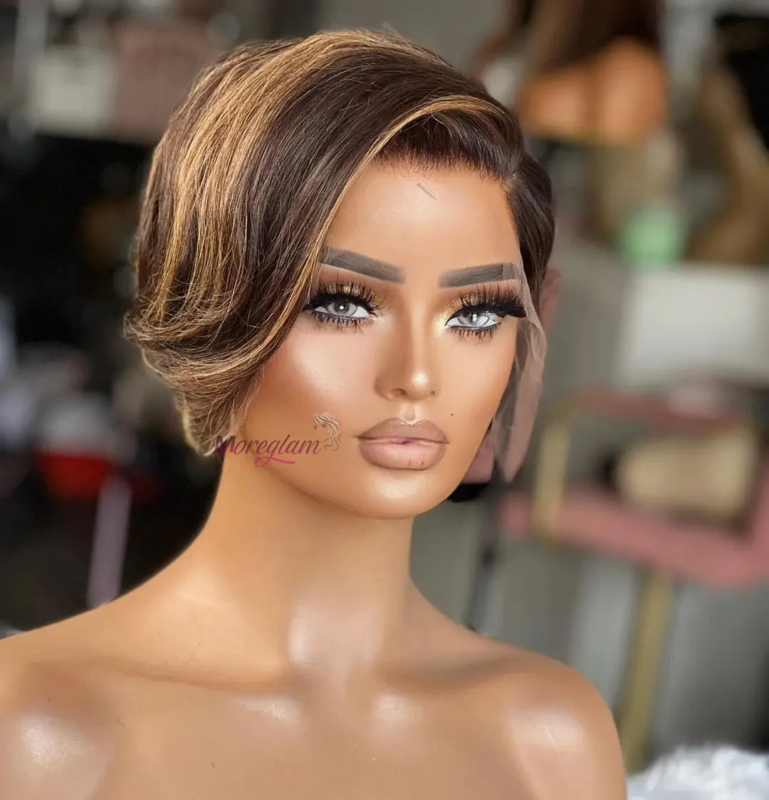 Transparent Lace Fronta Wig For Women Highlight Straight Pixie Cut Wig