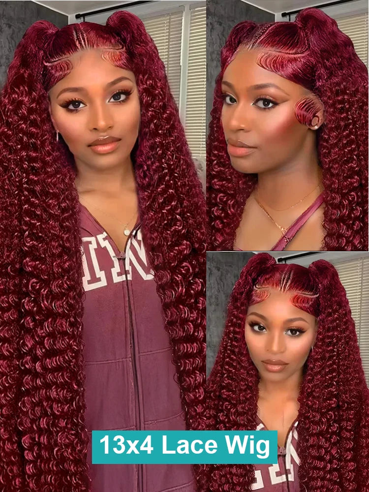 Burgundy Deep Wave Curly 13x4 13x6Front Wigs HD Transparent Lace 200 Density Wigs 30 34 Inch for Black Women