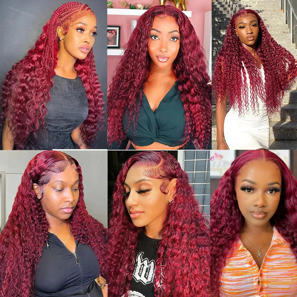 Deep Wave 99J Burgundy 13x4 Lace Frontal Wig Human Hair 13x6 Curly 30 40 Inch HD Lace Front Wigs