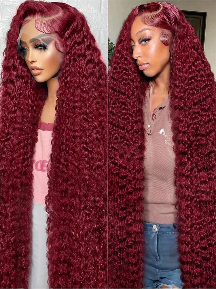 Deep Wave 99J Burgundy 13x4 Lace Frontal Wig Human Hair 13x6 Curly 30 40 Inch HD Lace Front Wigs