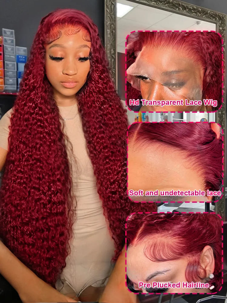 Burgundy Colored Lace Front Wig 30 40 Inch Deep Wave 13x6 HD Lace Frontal Human Hair Wigs For Women