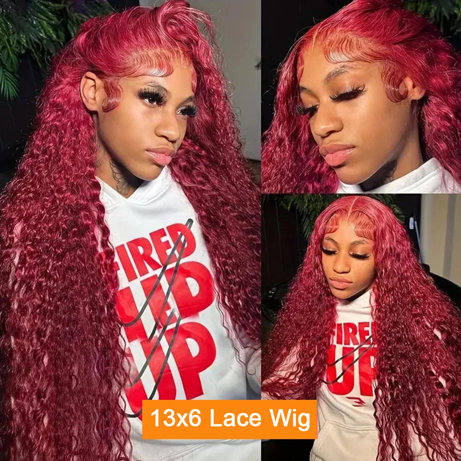 Deep Wave 99J Burgundy 13x4 Lace Frontal Wig Human Hair 13x6 Curly 30 40 Inch HD Lace Front Wigs