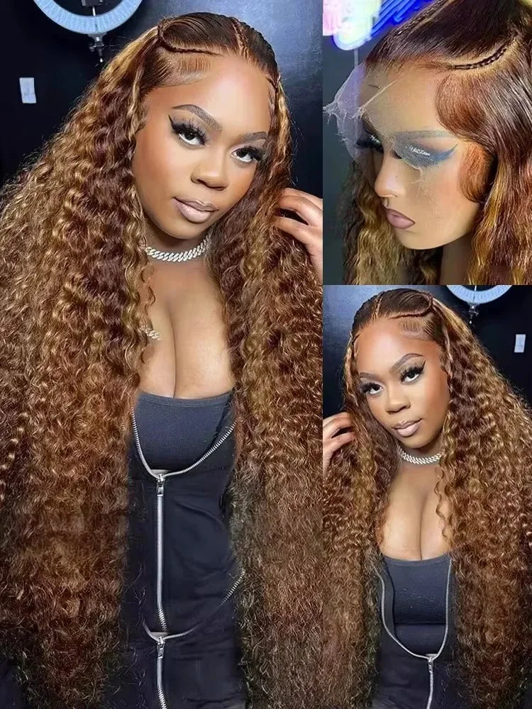 Deep Wave HD Lace Front Wigs 250 Density Curly 30 40 Inch Brown 13x6 Lace Frontal Human Hair Wig Water Wave