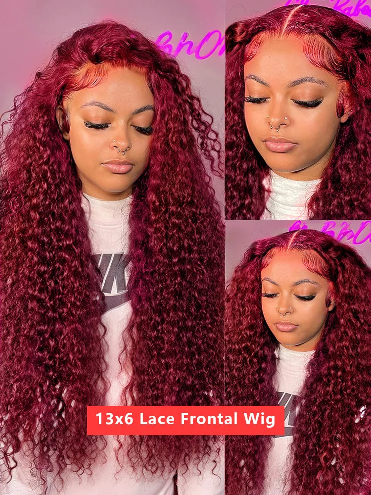 Burgundy Colored Lace Front Wig 30 40 Inch Deep Wave 13x6 HD Lace Frontal Human Hair Wigs For Women