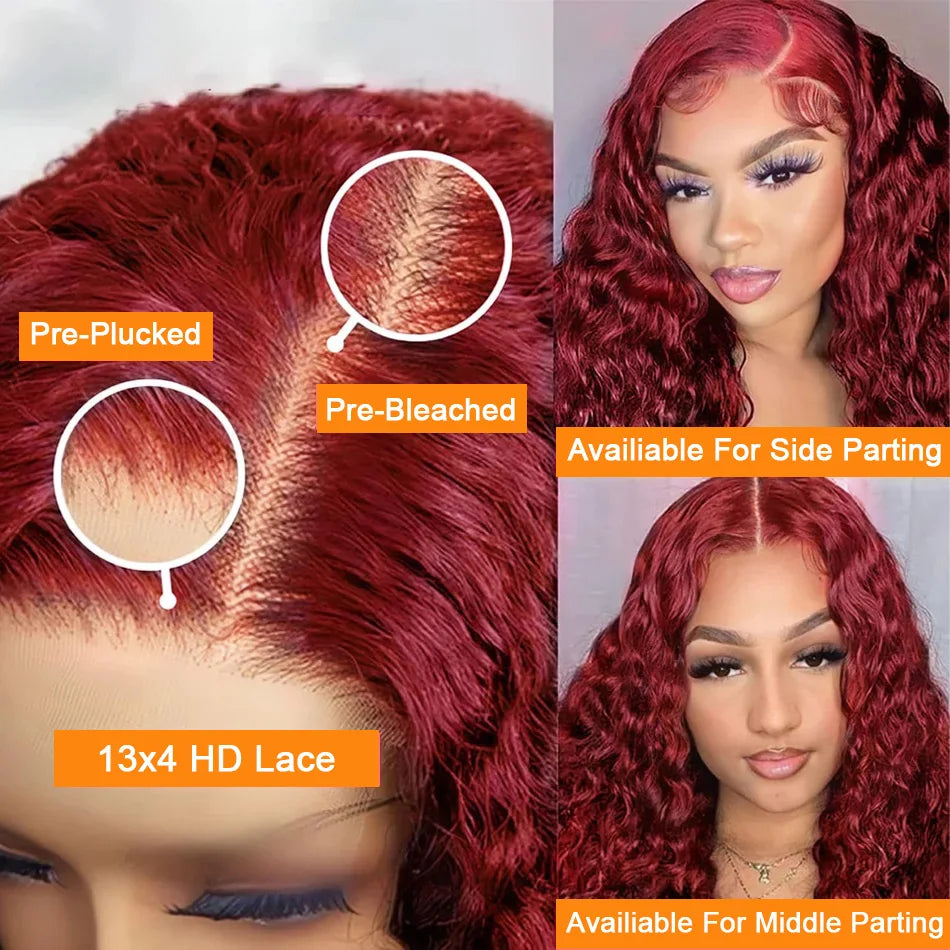 Deep Wave 99J Burgundy 13x4 Lace Frontal Wig Human Hair 13x6 Curly 30 40 Inch HD Lace Front Wigs