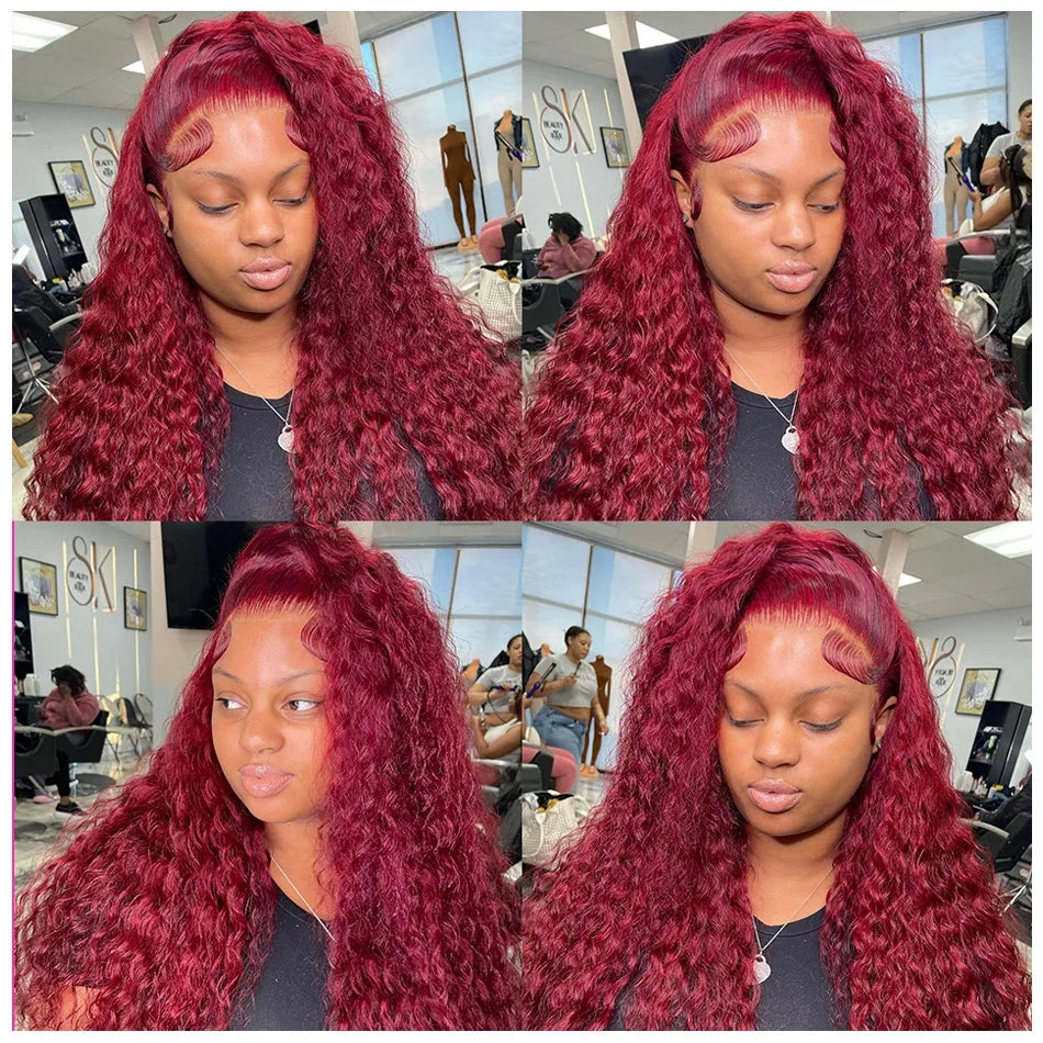 Deep Wave 99J Burgundy 13x4 Lace Frontal Wig Human Hair 13x6 Curly 30 40 Inch HD Lace Front Wigs