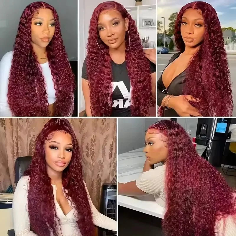 Burgundy Deep Wave Curly 13x4 13x6Front Wigs HD Transparent Lace 200 Density Wigs 30 34 Inch for Black Women