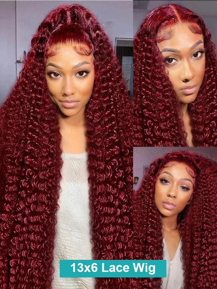 Burgundy Deep Wave Curly 13x4 13x6Front Wigs HD Transparent Lace 200 Density Wigs 30 34 Inch for Black Women