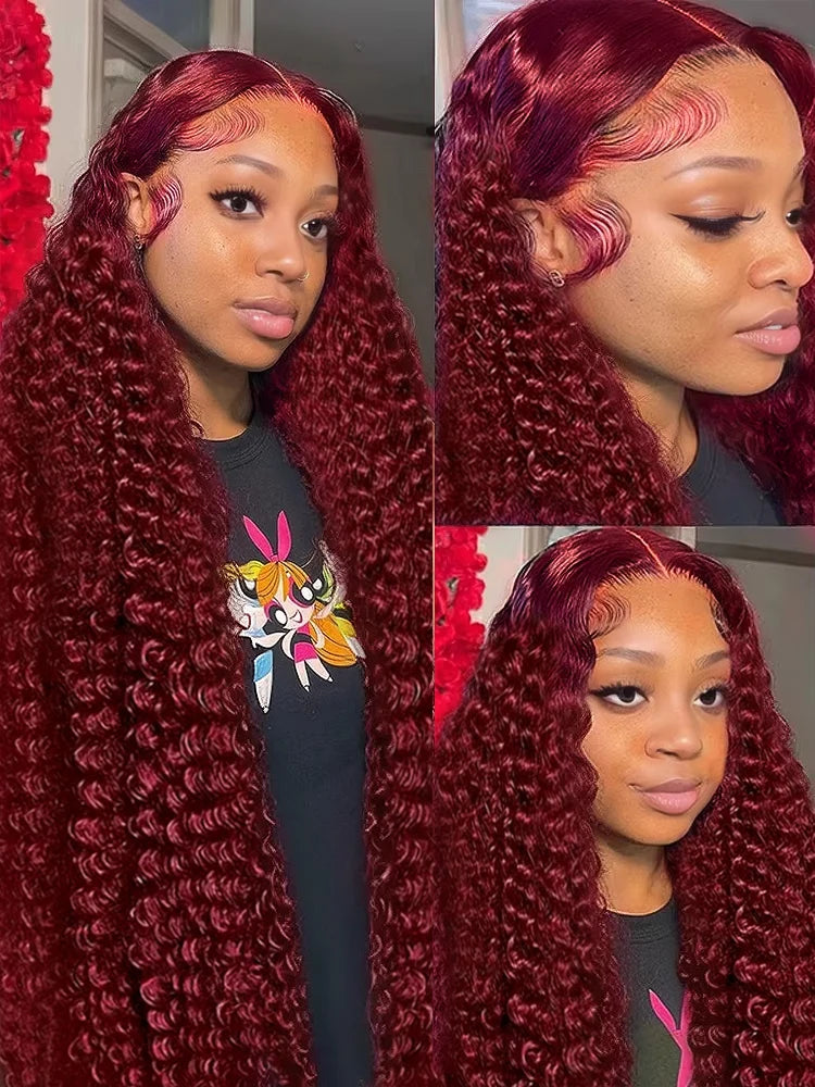 Burgundy Deep Wave Curly 13x4 13x6Front Wigs HD Transparent Lace 200 Density Wigs 30 34 Inch for Black Women