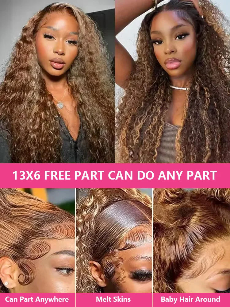 Deep Wave HD Lace Front Wigs 250 Density Curly 30 40 Inch Brown 13x6 Lace Frontal Human Hair Wig Water Wave