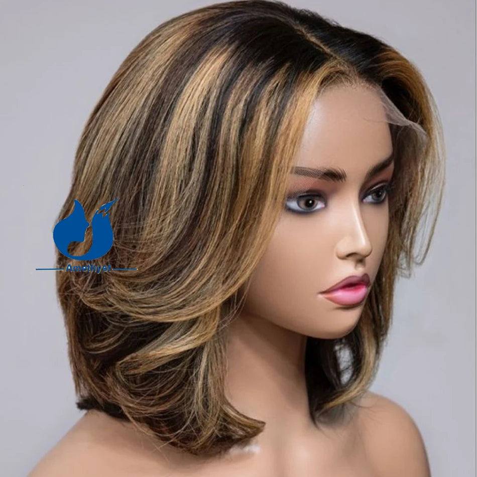 Brazilian Highlight Blonde Layered 5.5x4.5 PU Silk Base Lace Closure Bob Wigs