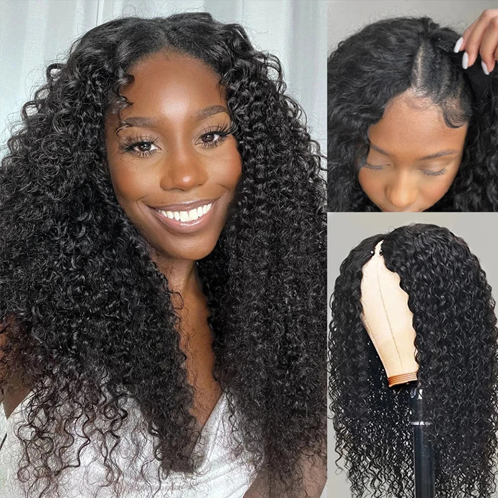 Deep Curly V Part Wig Human Hair No Leave Out Brazilian Deep Wave Human Hair Wigs