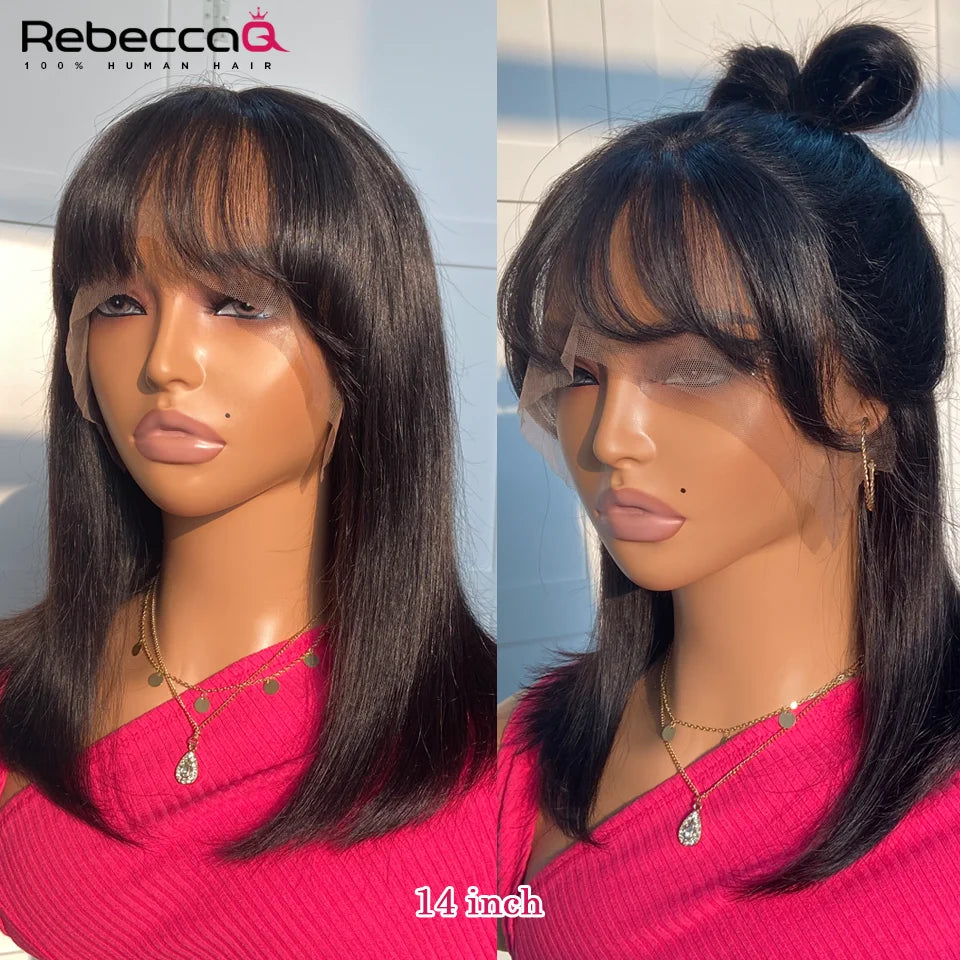 Short Straight Bob Lace Front Wig With Bangs Cute Human Hair Bob Wigs