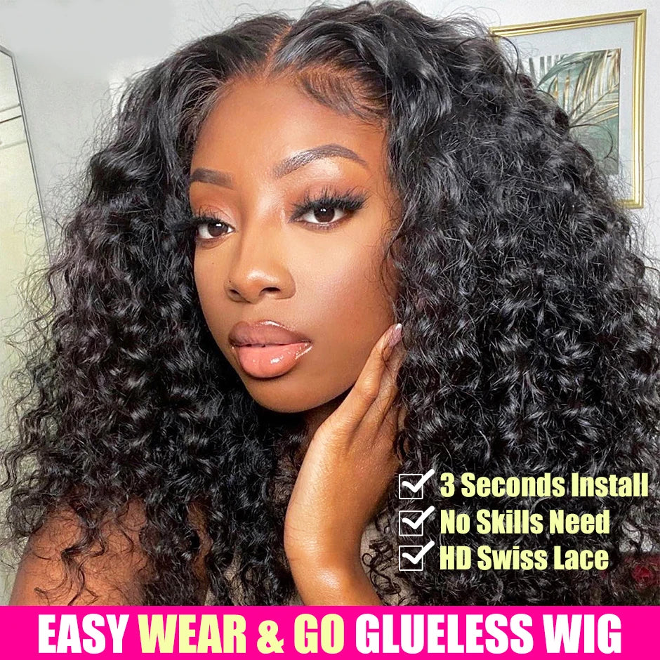 Pre-Plucked Natural Wave Wear Go Glueless Curly Human Hair Wigs For Women