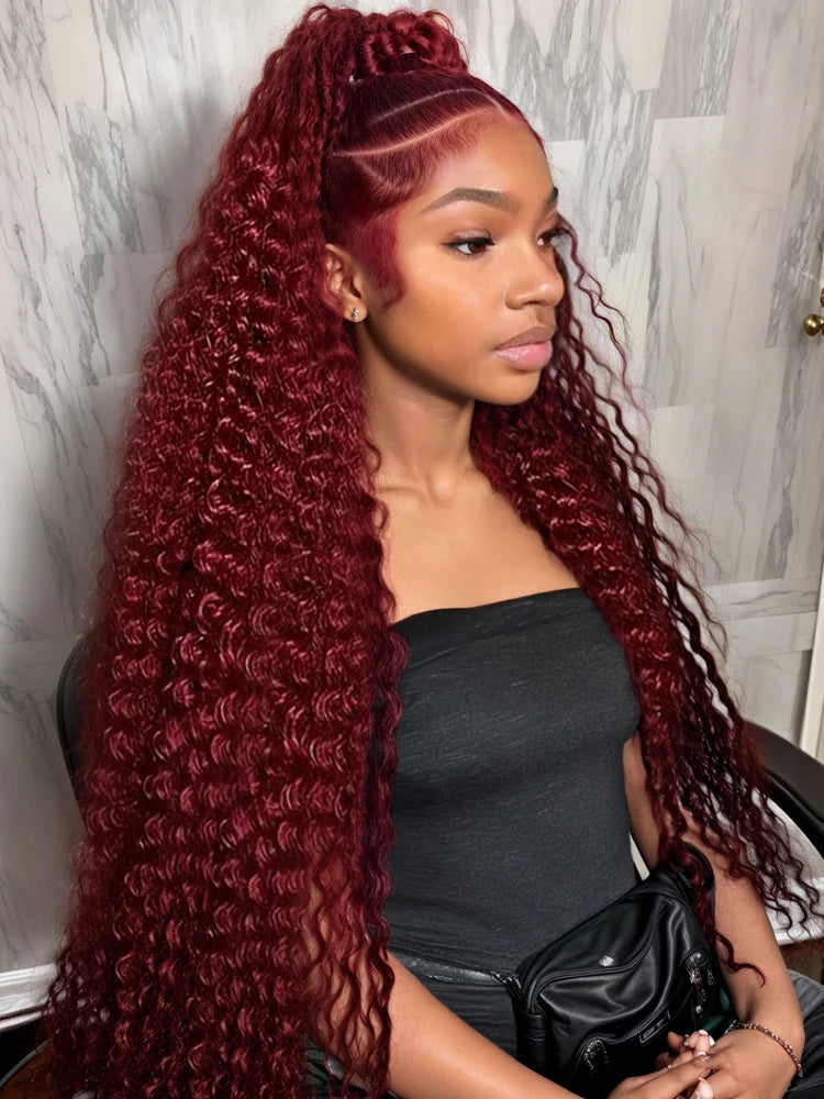 Burgundy Deep Wave Curly 13x4 13x6Front Wigs HD Transparent Lace 200 Density Wigs 30 34 Inch for Black Women