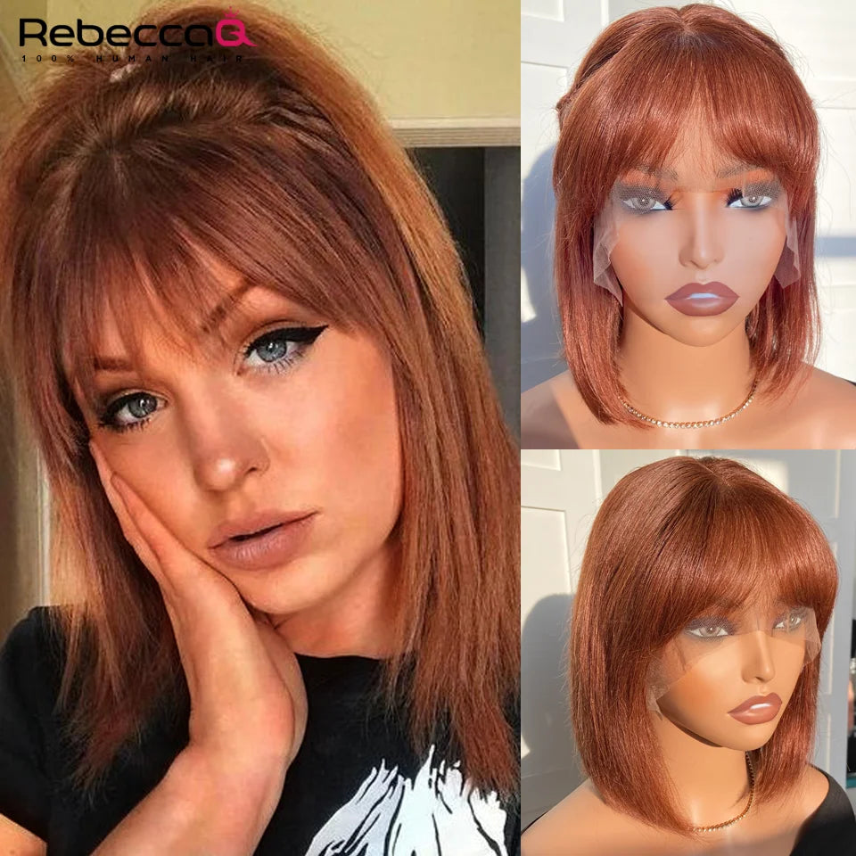 Short Straight Bob Lace Front Wig With Bangs Cute Human Hair Bob Wigs