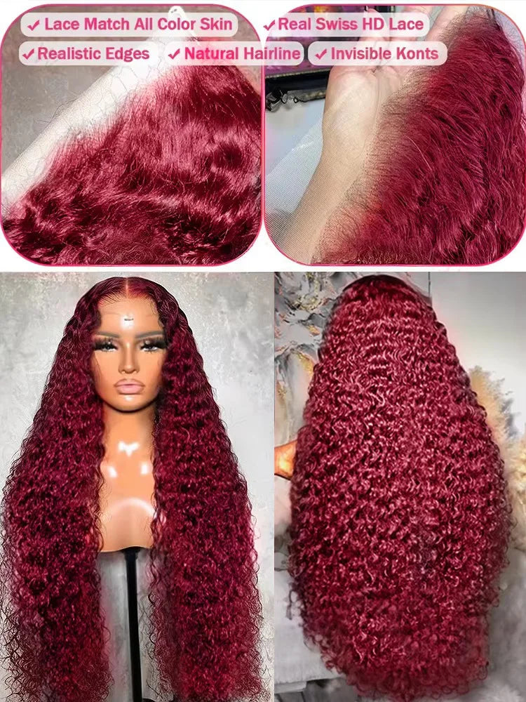 Burgundy Colored Lace Front Wig 30 40 Inch Deep Wave 13x6 HD Lace Frontal Human Hair Wigs For Women