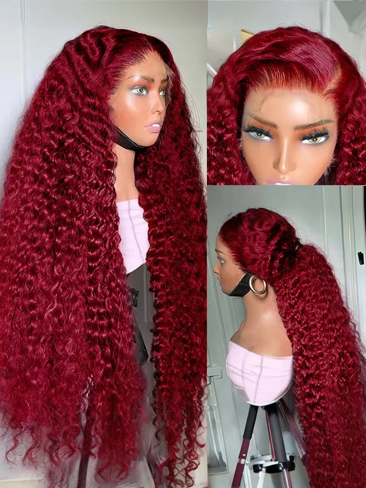 Burgundy Colored Lace Front Wig 30 40 Inch Deep Wave 13x6 HD Lace Frontal Human Hair Wigs For Women