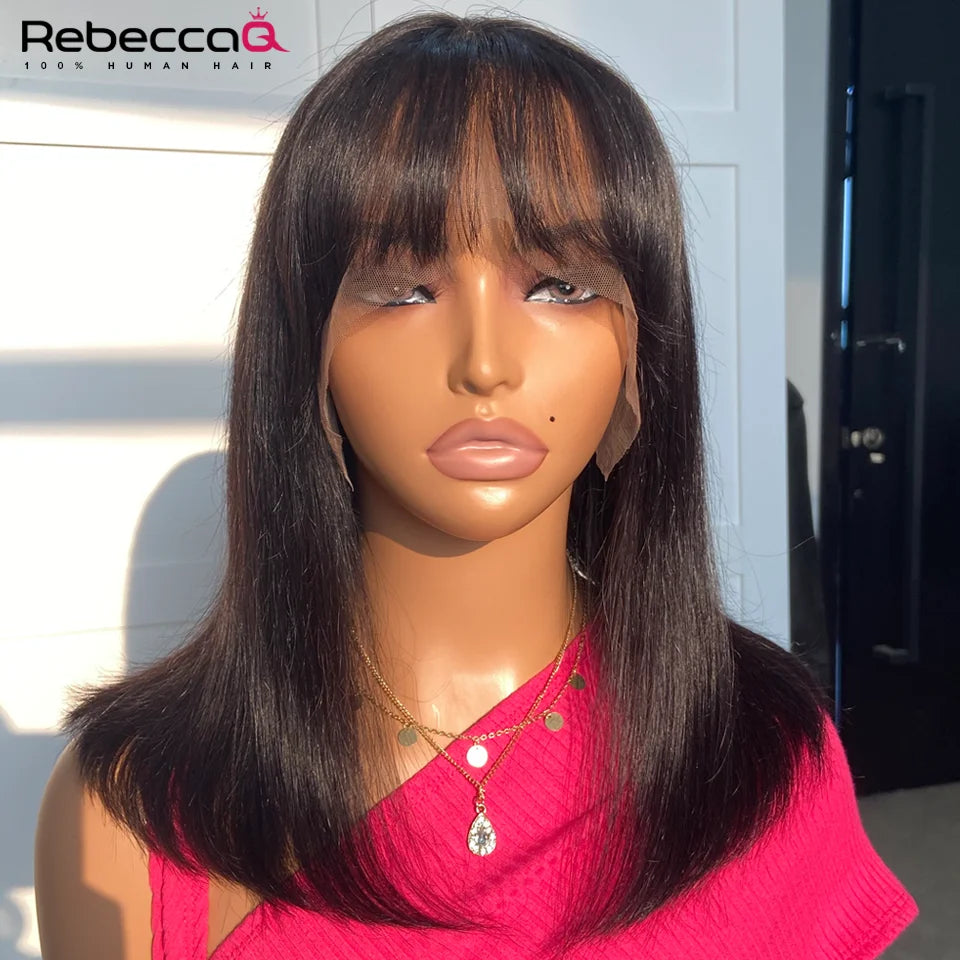 Short Straight Bob Lace Front Wig With Bangs Cute Human Hair Bob Wigs