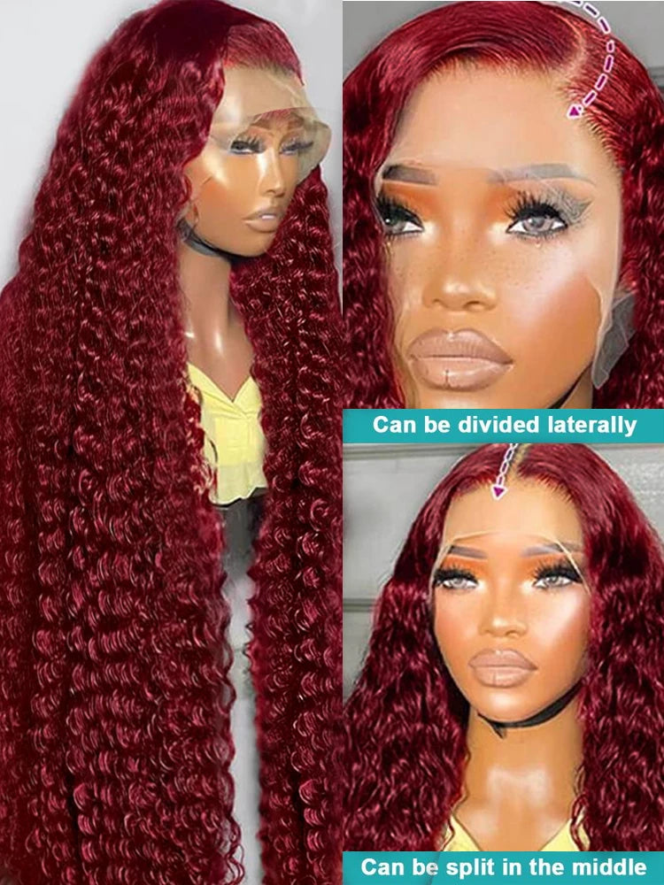 Burgundy Deep Wave Curly 13x4 13x6Front Wigs HD Transparent Lace 200 Density Wigs 30 34 Inch for Black Women