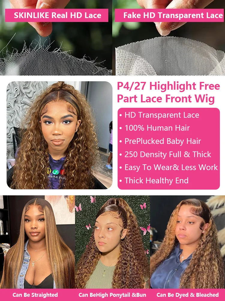 Deep Wave HD Lace Front Wigs 250 Density Curly 30 40 Inch Brown 13x6 Lace Frontal Human Hair Wig Water Wave