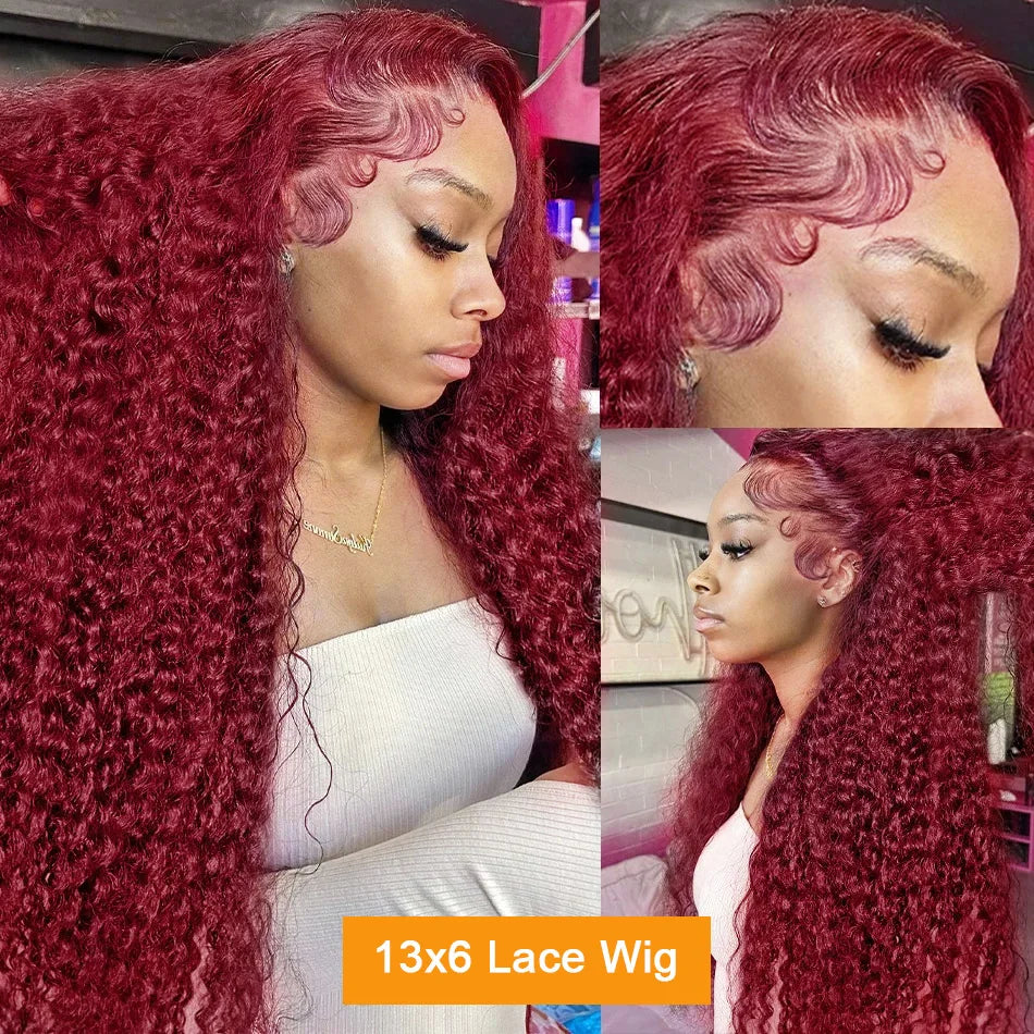 Deep Wave 99J Burgundy 13x4 Lace Frontal Wig Human Hair 13x6 Curly 30 40 Inch HD Lace Front Wigs