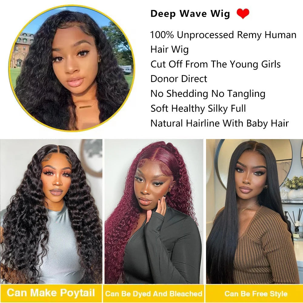 HD Transparent Deep Wave Frontal Wig 13x4/13x6 Curly Lace Front Human Hair Wigs