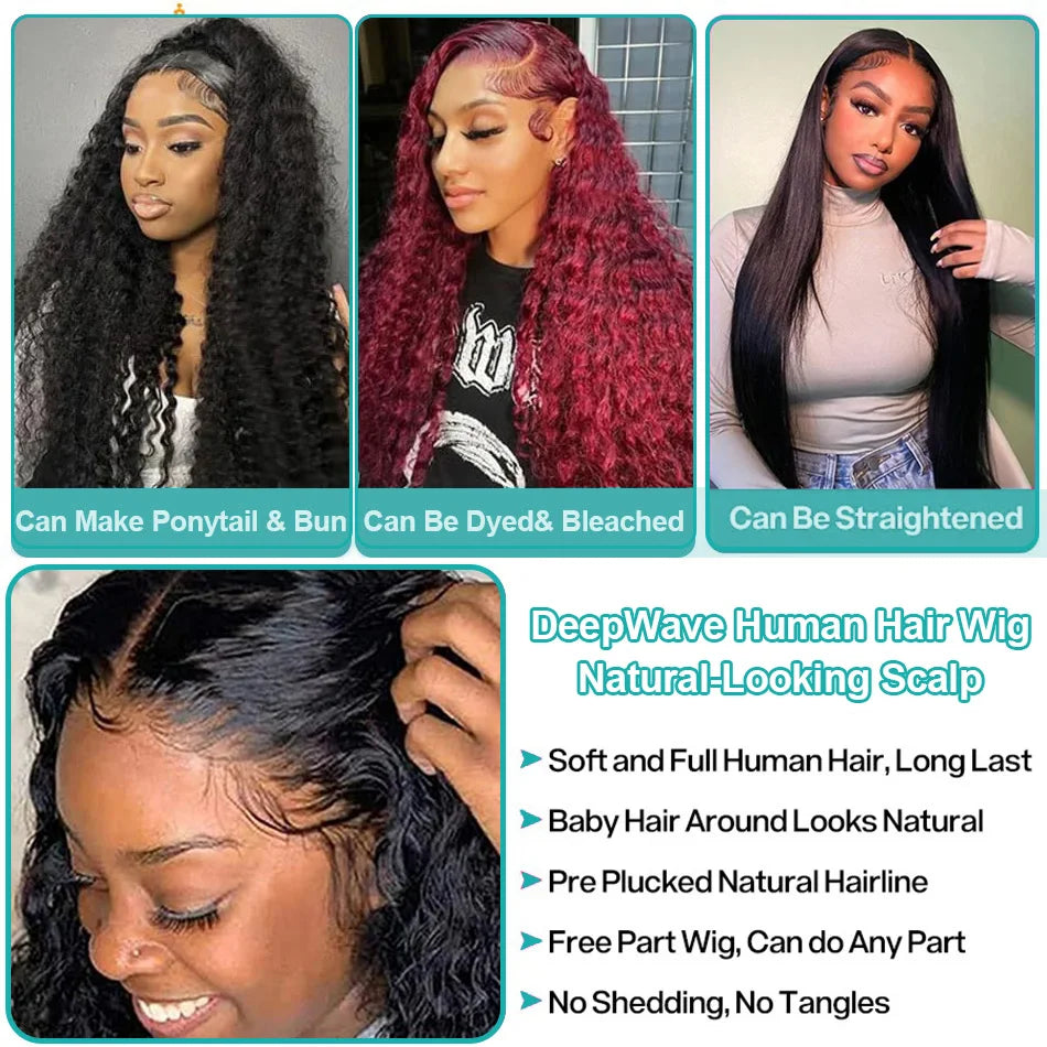 Curly 13x6 HD Lace Front Wig Human Hair Wig Deep Wave 30 40 Inch 13x4 Lace Frontal Wigs