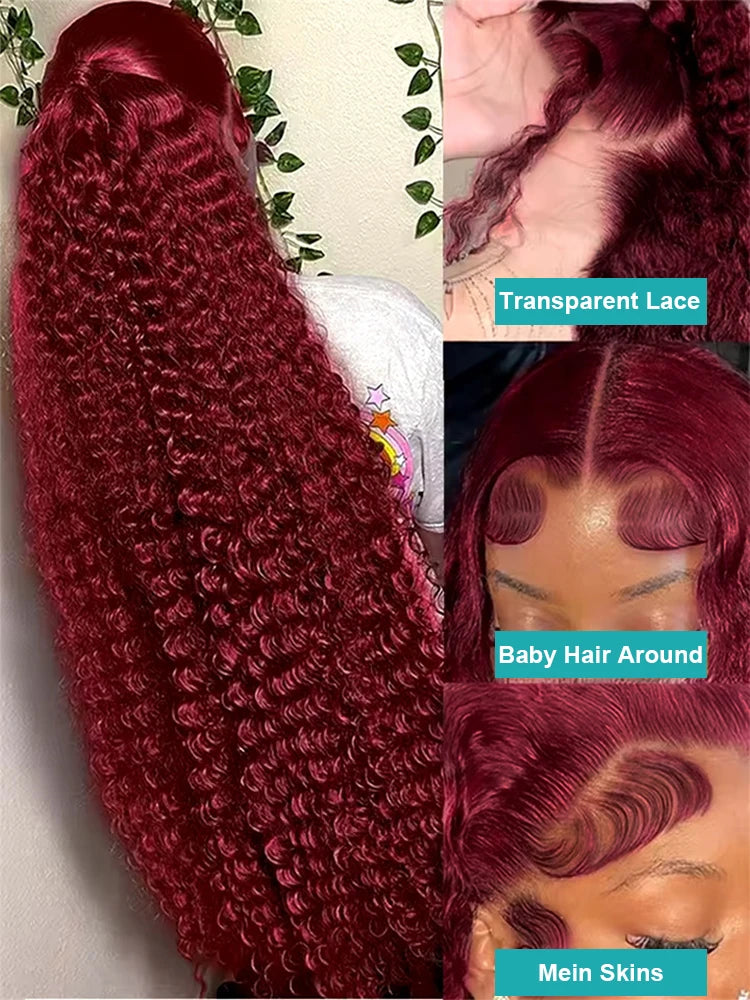 Burgundy Deep Wave Curly 13x4 13x6Front Wigs HD Transparent Lace 200 Density Wigs 30 34 Inch for Black Women