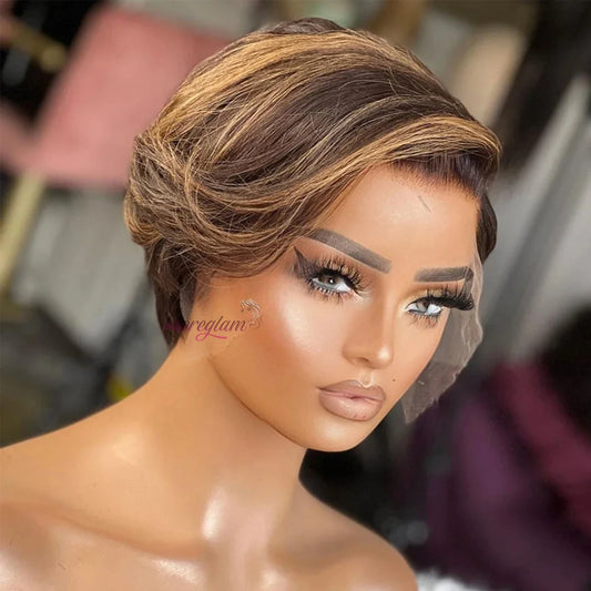 Transparent Lace Fronta Wig For Women Highlight Straight Pixie Cut Wig