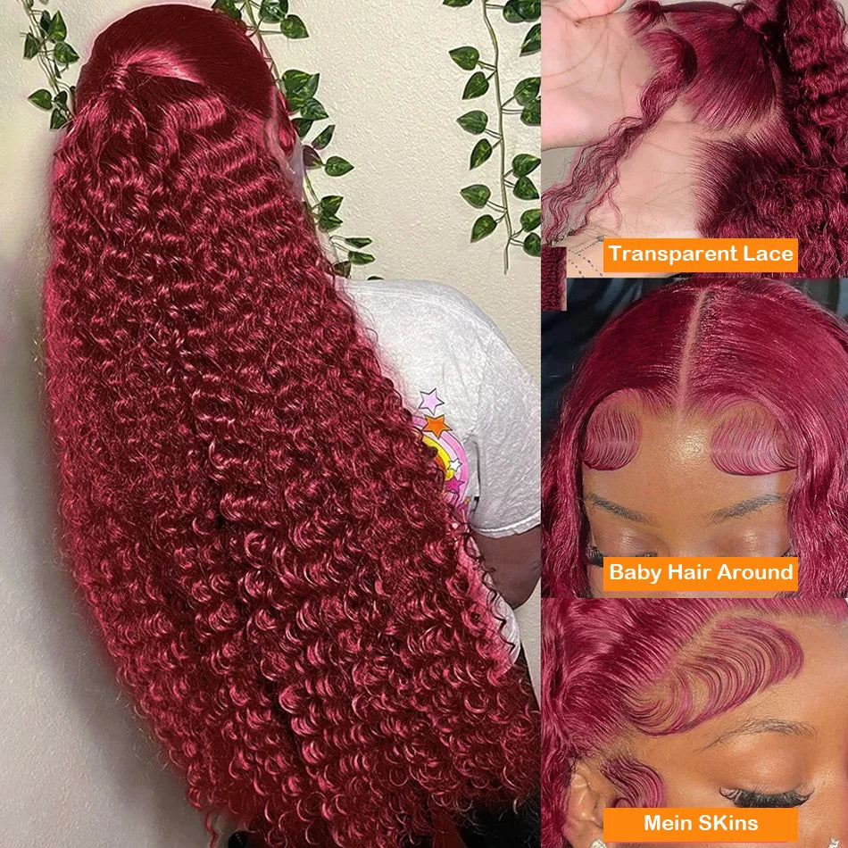 Deep Wave 99J Burgundy 13x4 Lace Frontal Wig Human Hair 13x6 Curly 30 40 Inch HD Lace Front Wigs