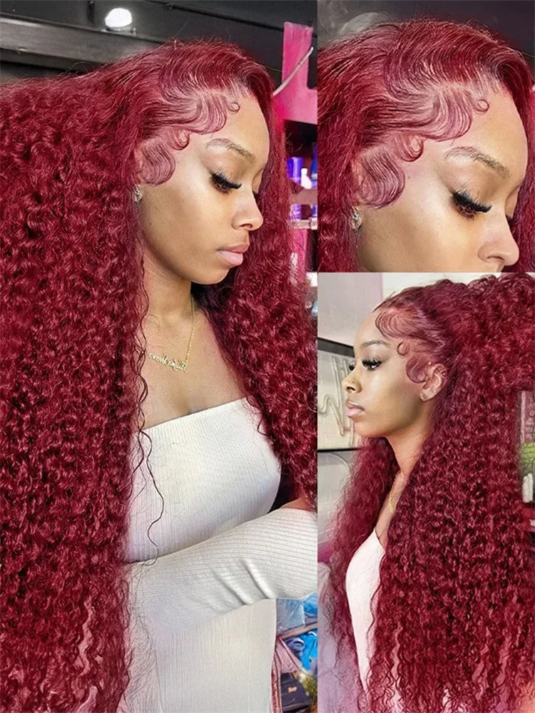 Deep Wave 99J Burgundy 13x4 Lace Frontal Wig Human Hair 13x6 Curly 30 40 Inch HD Lace Front Wigs