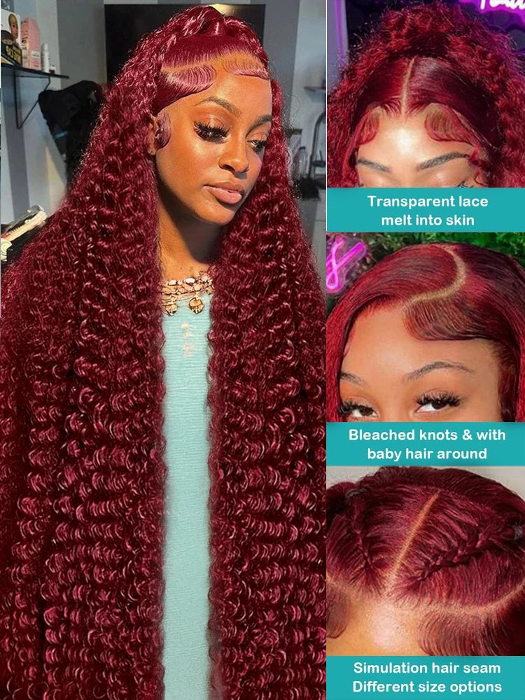 Burgundy Deep Wave Curly 13x4 13x6Front Wigs HD Transparent Lace 200 Density Wigs 30 34 Inch for Black Women