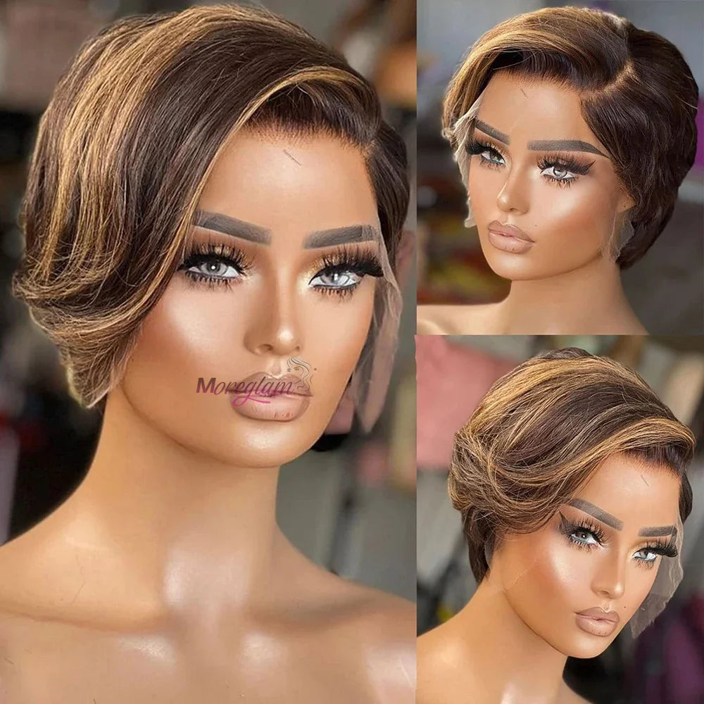 Transparent Lace Fronta Wig For Women Highlight Straight Pixie Cut Wig