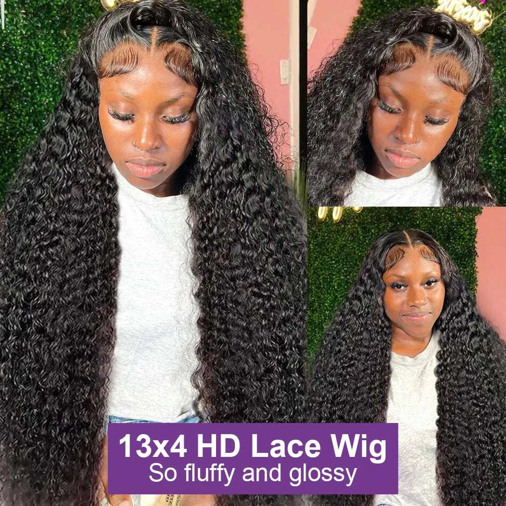 Lace Frontal Wigs Brazilian 32 34 40 Inch Deep Wave Curly  Human Hair Wigs