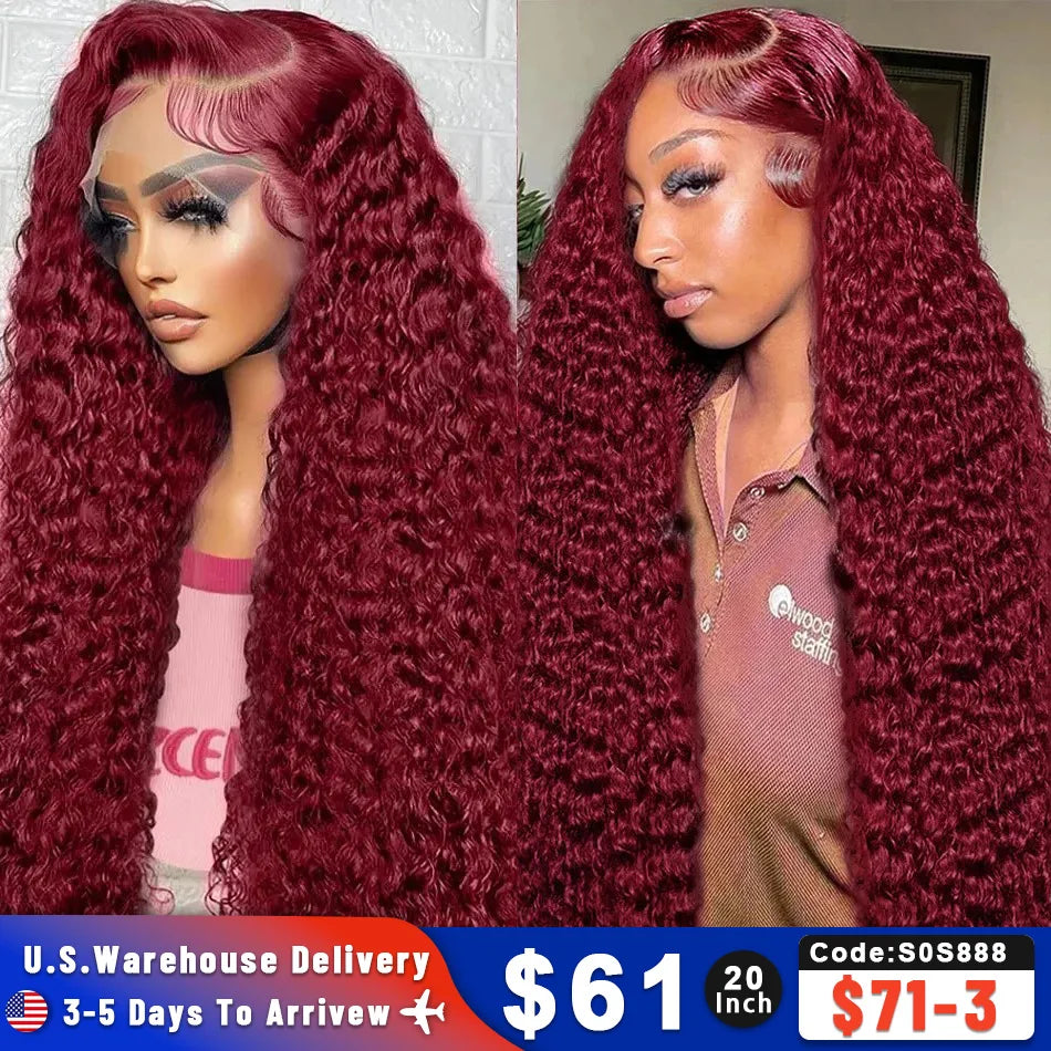 Deep Wave 99J Burgundy 13x4 Lace Frontal Wig Human Hair 13x6 Curly 30 40 Inch HD Lace Front Wigs