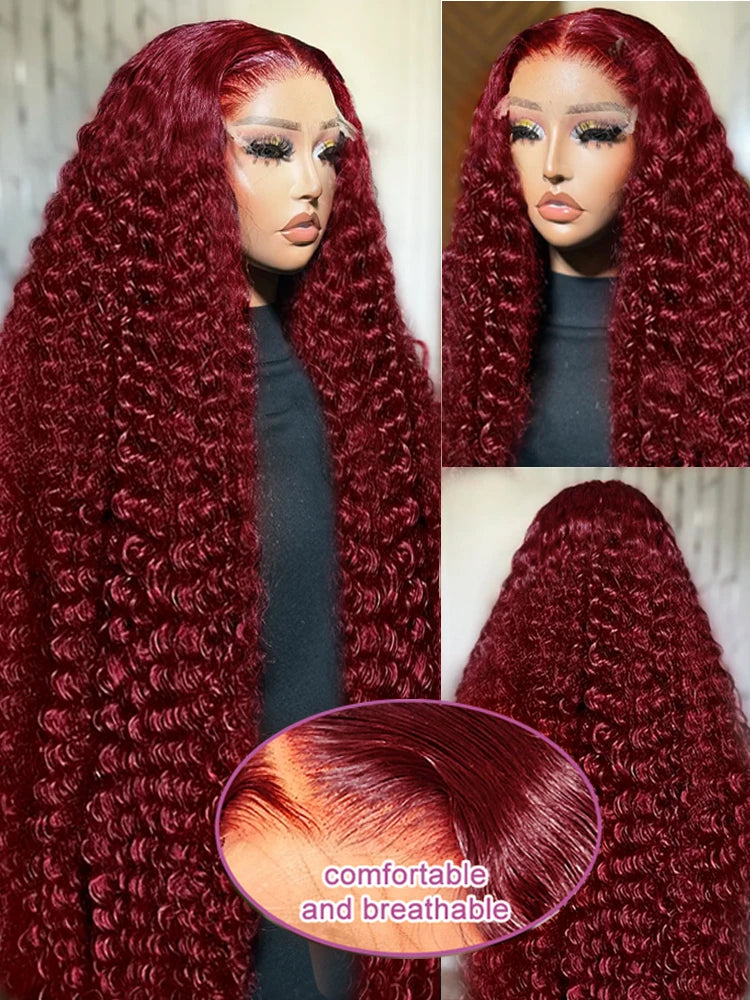 Burgundy Deep Wave Curly 13x4 13x6Front Wigs HD Transparent Lace 200 Density Wigs 30 34 Inch for Black Women