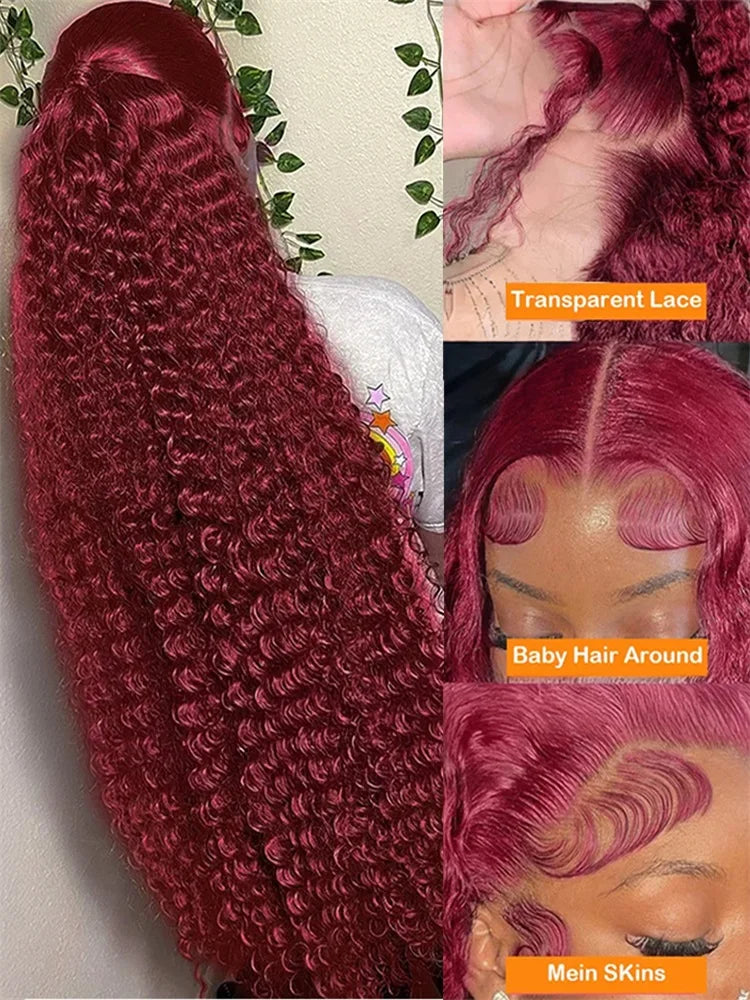 Deep Wave 99J Burgundy 13x4 Lace Frontal Wig Human Hair 13x6 Curly 30 40 Inch HD Lace Front Wigs