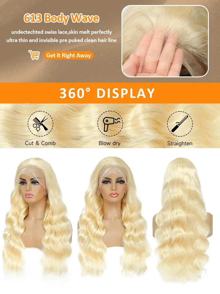 250 Density Body Wave HD Transparent 613 Honey Blonde 30 40 Inch 13x6 Lace Front Wig