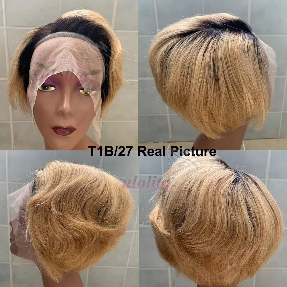 Transparent Lace Fronta Wig For Women Highlight Straight Pixie Cut Wig