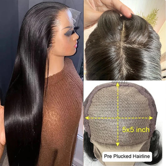 Preplucked Silk Top 30inch Black Straight Human Hair Wigs With Baby Hair