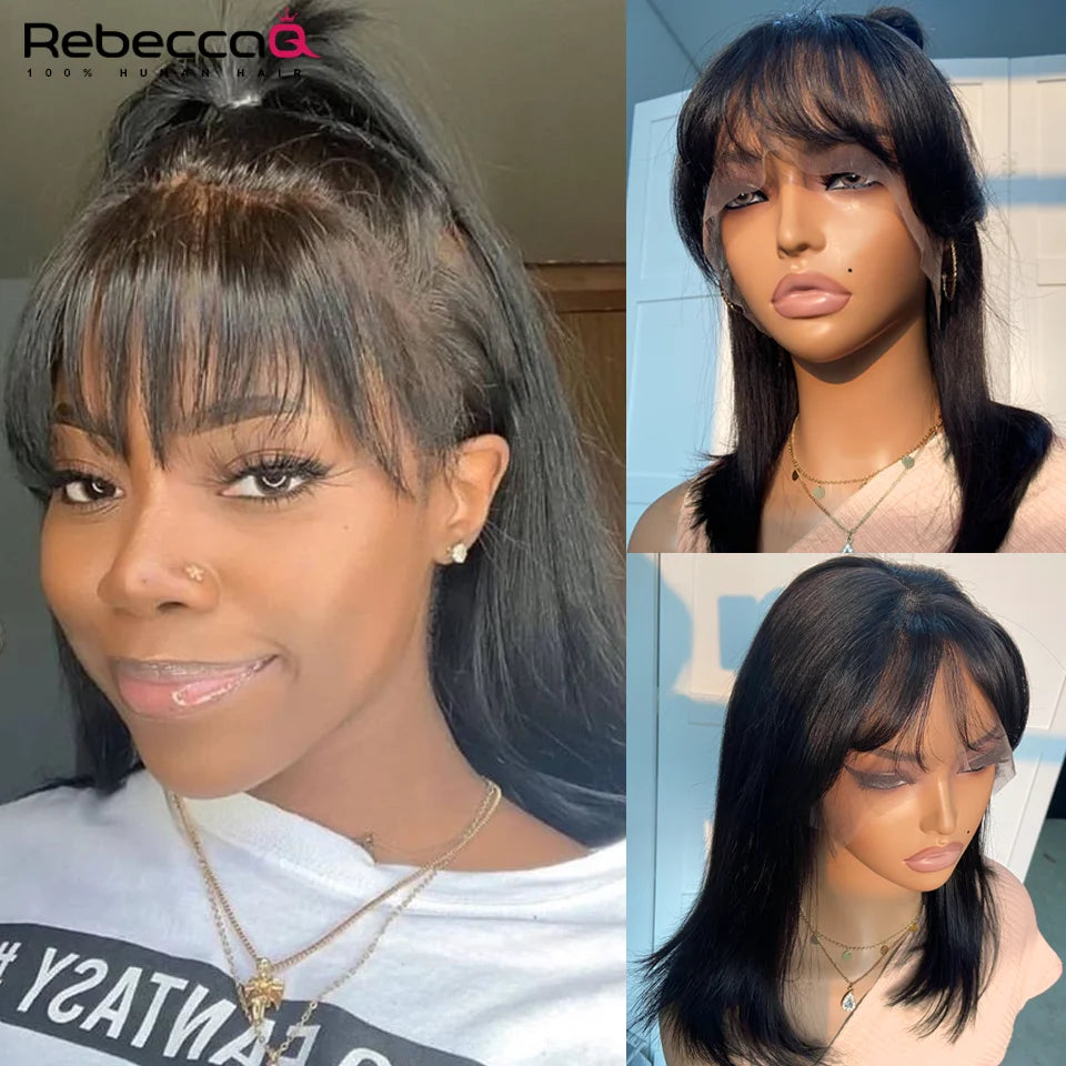 Short Straight Bob Lace Front Wig With Bangs Cute Human Hair Bob Wigs